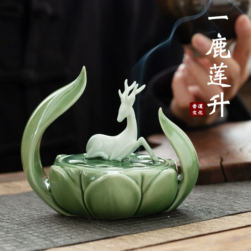 Deer & lotus ceramic incense burner